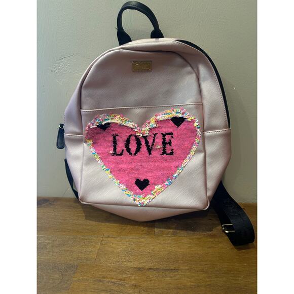 BETSEY JOHNSON SILVER Metallic LOVE BLACK BACKPACK BAG Pink - Picture 2 of 12